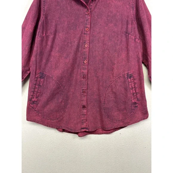 Acid Wash Joan Rivers Womens LP Burgundy Cotton Button Down Pocket Shirt Top - Picture 9 of 11